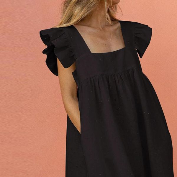 

h40 women elegant butterfly sleeve ruffles dress 2021 summer casual loose pocket a line party dresses beach mini dress vestido, White