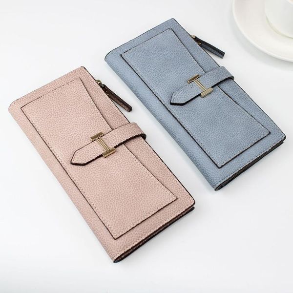 

wallets women's wallet long stylish ultra-thin buckle multi-card bit bag zippered mobile phone check clip, Red;black