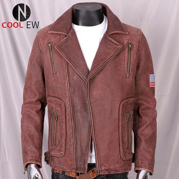 

men's leather & faux 2021 vintage brown genuine jacket men motorcycle style plus size 5xl real natural cowhide autumn slim fit biker&#0, Black