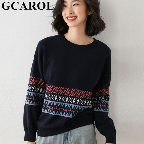 

gcarol women drop shoulder 30% wool sweater argyle geometric knitted bottomed pullover loose fall winter jumper multi occasions 210218, White;black