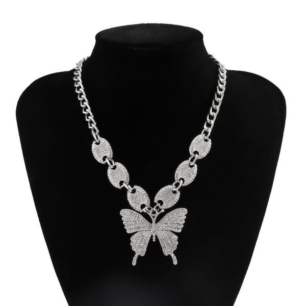

chains iced out chain for women diamond studded butterfly necklace hip hop rapper style choker fashion jewelry wholesale, Silver