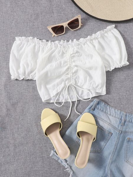 

frilled off shoulder ruched drawstring r7zh#, White