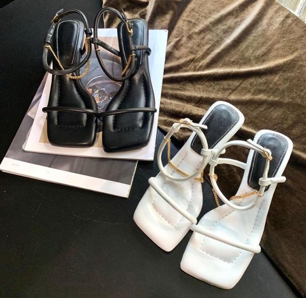 

2021 spring summer sandals woman chain decor shoes woman genuine leather 2.5cm heels square toe women shoes thin strap shoe, Black