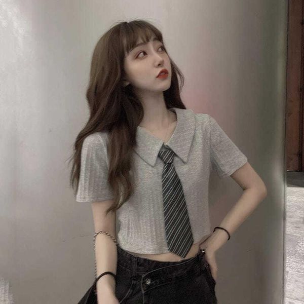 

women's t-shirt 2021 all -matching thin knitted short-sleeved for women collar, White