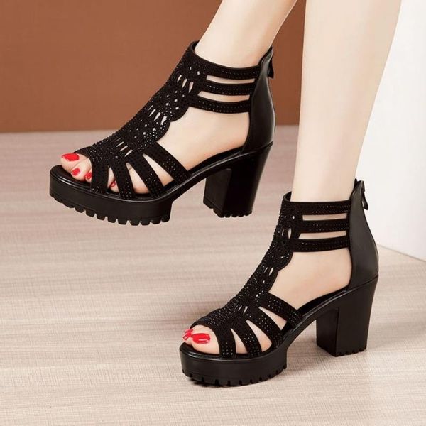 

sandals heels for women square heel peep toe hollow out chunky gladiator with zipper black spring summer autumn shoes