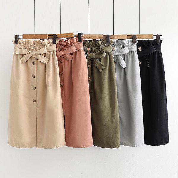 

skirts obrix spring summer casual style female skirt streetwear a-line cotton mid calf length bow buttons pockets korean fashion, Black