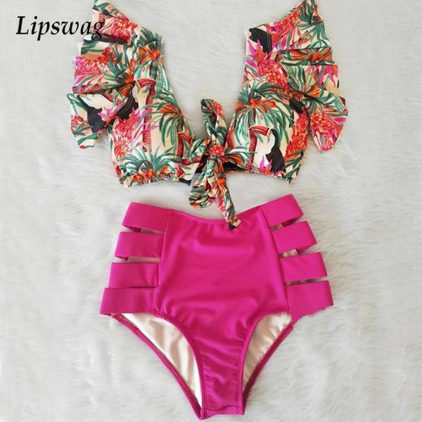 

women's swimwear flower print ruffle deep v bikini two piece high waist bow swimsuit fashion summer beachwear push up biquini, White;black