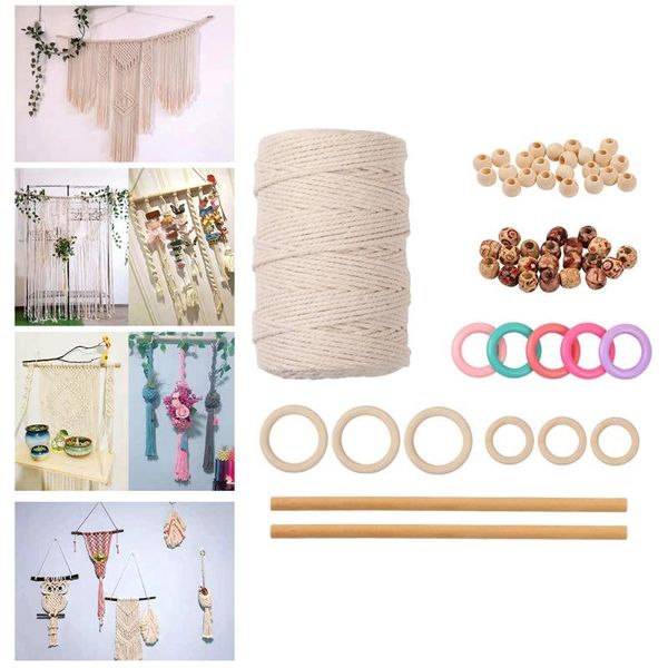 

natural macrame cotton cord rope soft wall hanging kit with wood ring stick beads macrame artisan string for diy handmade, Black;white