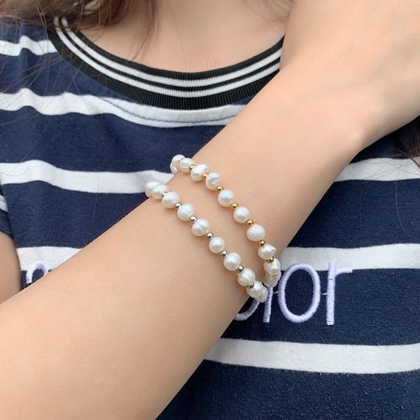 

beaded, strands fashion elegant freshwater pearl women's bracelet rope chain golden silver separated beads round pearls bracelets for w, Black
