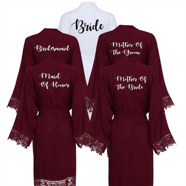

burgundy bridesmaid bride robes women sleepwear cotton kimono with lace trim wedding bridal robe short belt, Black;red
