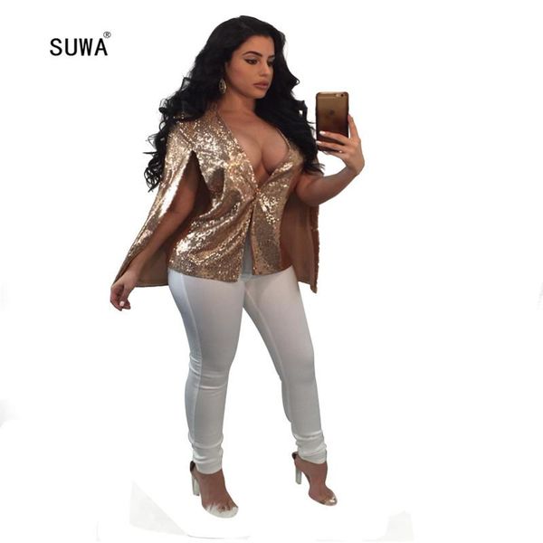 

women's jackets 2021 neown fashion retro high street women gold sparkling sequins cloak ladies v neck button jacket femme, Black;brown