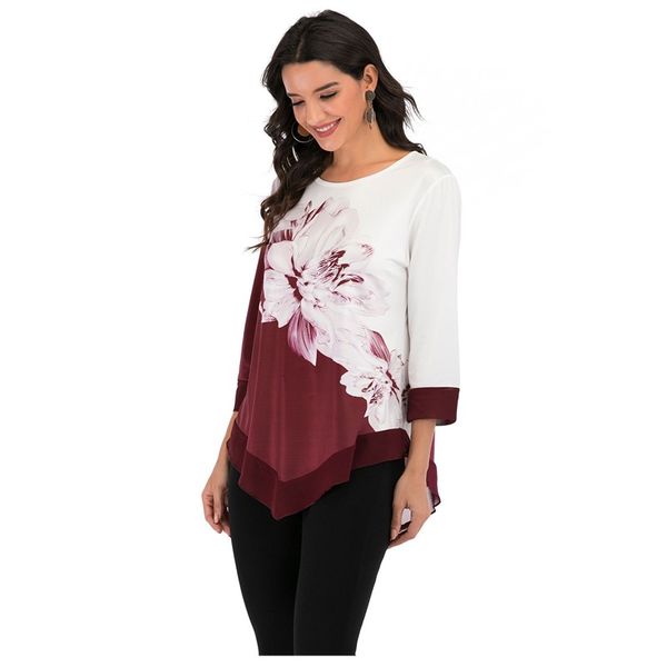 

new 2020 shirt women spring summer floral printing blouse 3/4 sleeve casual hem irregularity female fashion shirt plus size, Black;green