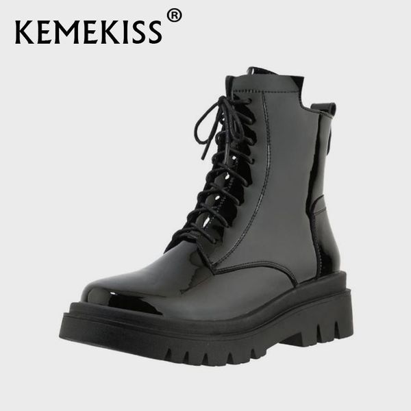 

boots kemekiss 2021 women real leather ankle shoes round toe square heel cross strap zipper female footwear size 34-43, Black