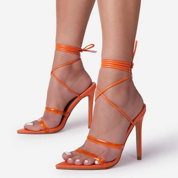 

sandals cross strap lace up high heel women clear upper 2021 summer, Black