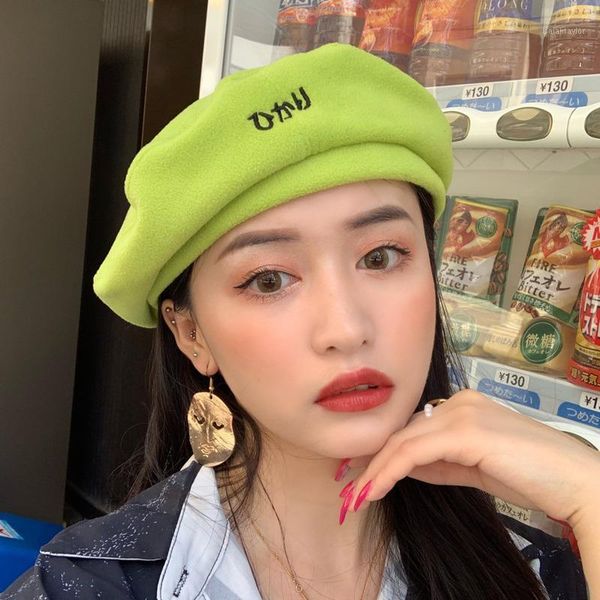 

berets letter embroidery fleece women beret fashion casual vintage plain beanie hat woman autumn winter, Blue;gray