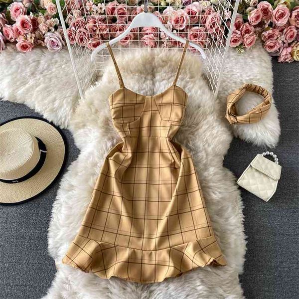 

sweet women dress summer sheath plaid spaghetti strap v-neck mini dresses korean chic wila fashion vestidos 210531, Black;gray