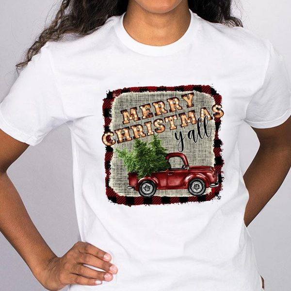 

women graphic plaid tree vintage holiday winter short sleeve merry christmas tees clothes print lady female t shirt t-shirt, White