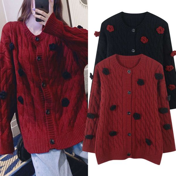 

autumn winter new loose and lazy style wear three-dimensional flower embroidery sweater coat women's knitting cardigan, White;black