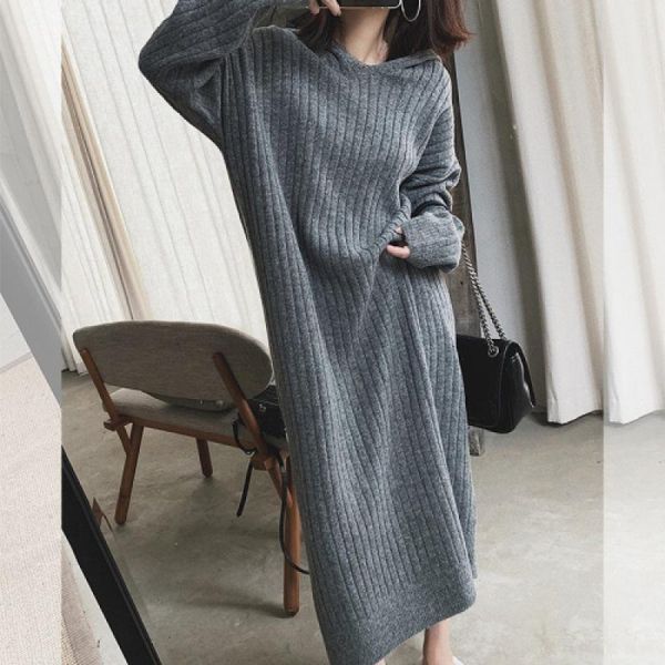 

casual dresses autumn women sweater dress fashion solid color long sleeve hooded knitting for, Black;gray