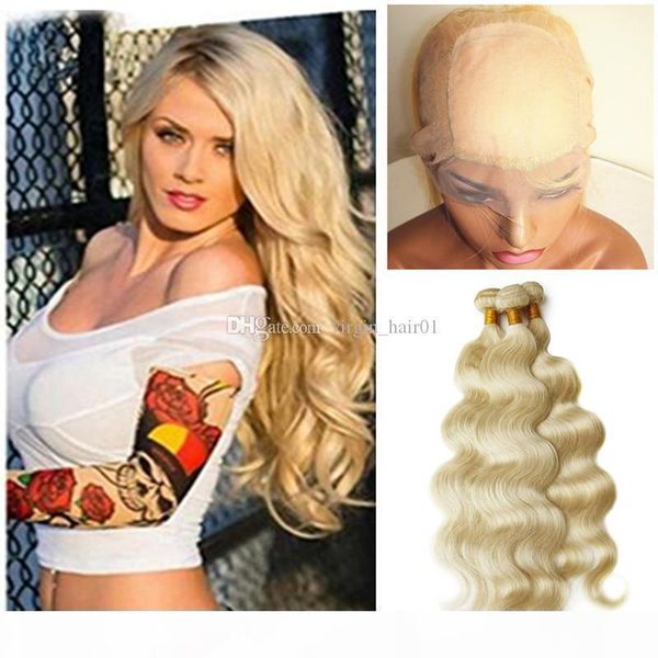 

blonde silk base 360 lace band frontal with bundles #613 blonde human hair with 360 lace frontal with 4*4 silk base body wave, Black;brown