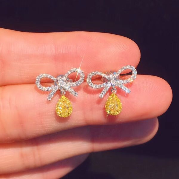 

flower shape dangle earring diamond cz real 925 sterling silver long party wedding drop earrings for women bridal jewelry gift, Golden
