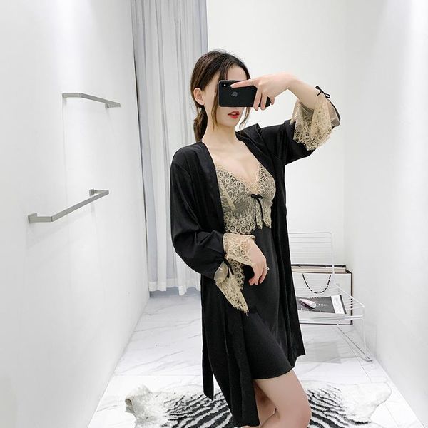 

women's sleepwear lace v-neck nightgown 2pcs sets summer thin charming sling nightdress robe home wear, Black;red