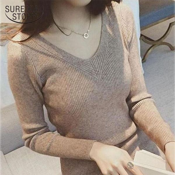 

women's sweaters pullover solid women knitted slim sweater long sleeve autumn winter v-neck female pull femme 10432, White;black