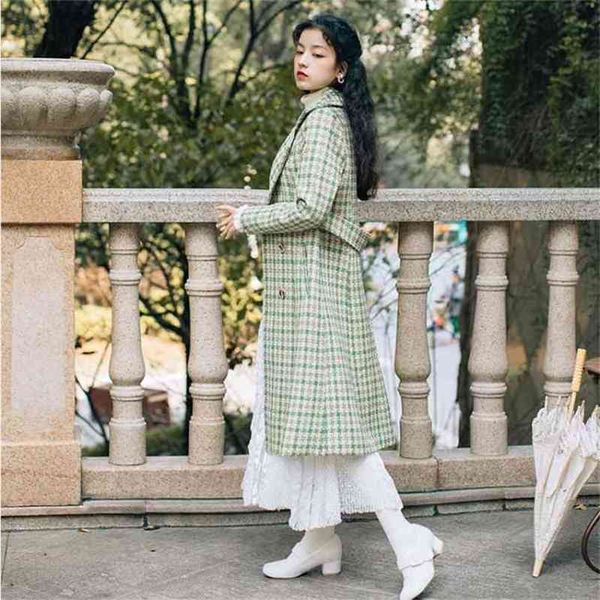 

wide-waisted midi winter plaid mid-calf long woolen jackets full sleeve turn-down collar women coat wool 210603, Black