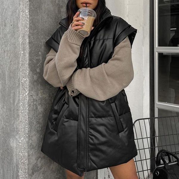 

women's vests fashion stand collar simple solid women elegant faux leather side pockets coats straight long ladies, Black;white