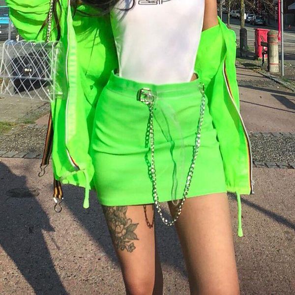 

skirts stay tidy casual knitting elastic solid high waist women 2021 fashion metal chain with belt pencil streetwear, Black
