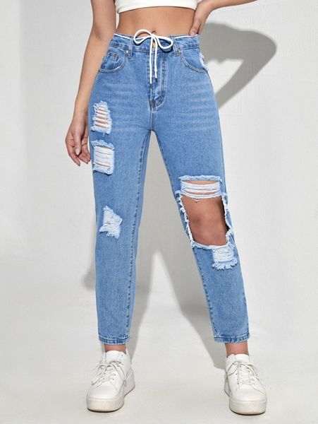 

ripped frayed belted mom jeans l4mo#, Blue