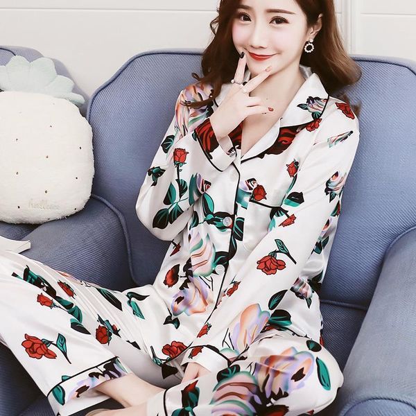 

women pajamas faux silk sleepwear satin pajamas set flower print long sleeves 2 piece sets autumn winter pyjamas femme homewear, Black;red