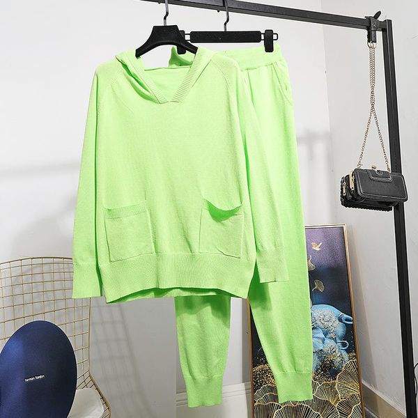 

women's two piece pants pink black gray hooded knitted tracksuit women set pocket long sleeve sweater female outfits knitting 2pcs, White