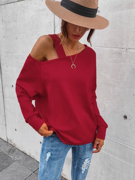 

asymmetrical neck drop shoulder sweatshirt d3bx#, White;black