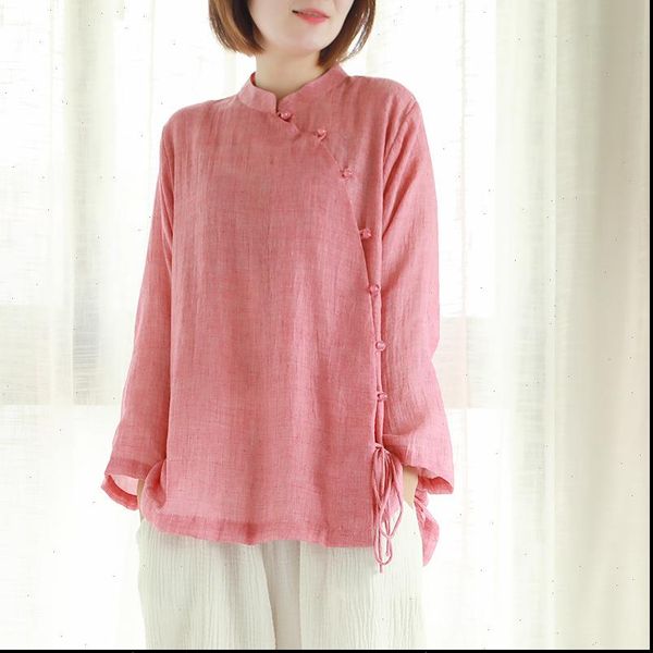 

johnature 2021 chinese style new women stand shirts button seven sleeve autumn blouses solid color belt women vintage shirts top, White