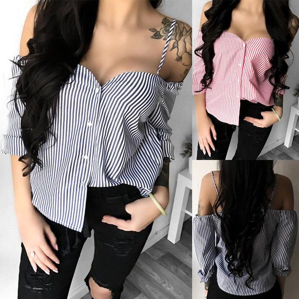 

women's blouses & shirts stripe blouse women autumn long sleeved fashion off shoulder button strapless slash neck clothes, White