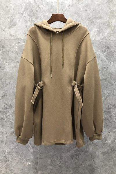 

hooded cinched waist pullover slimming sweatshirt womens clothing european goods autumn new mid-length all-matching 9y, Black