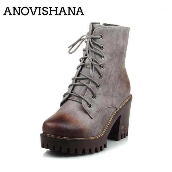 

boots anovishana women autumn motorcycle ankle platform ladies vintage pu leather shoes cross tied zipper boot bottes1, Black