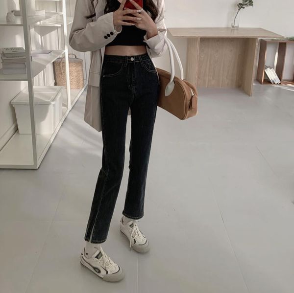 

women's jeans dd0227 high waist slim straight leg pants split long trousers, Blue