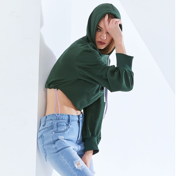 

green tunic short sweatshirt for women hooded collar long sleeve hollow out casual female fashion new tide, Black