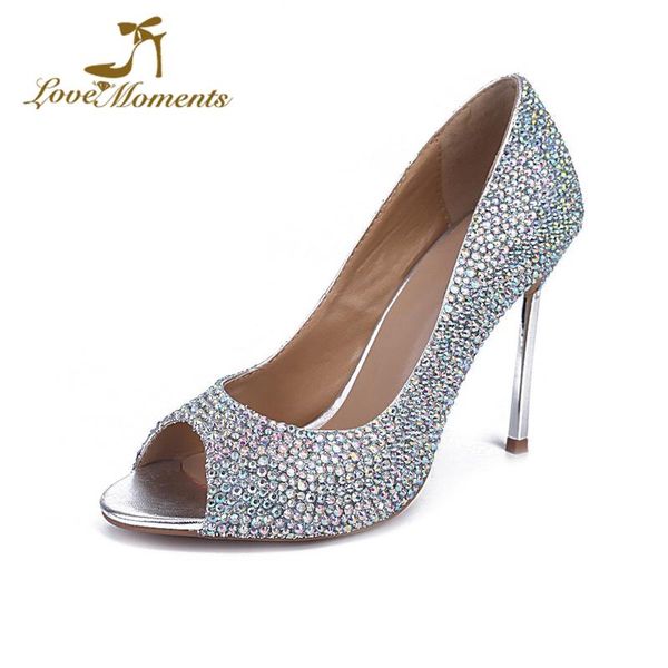 

wholesale price women pumps rhinestone peep toe wedding shoes thin heel summer dress shoes ab crystal fashion party heels, Black