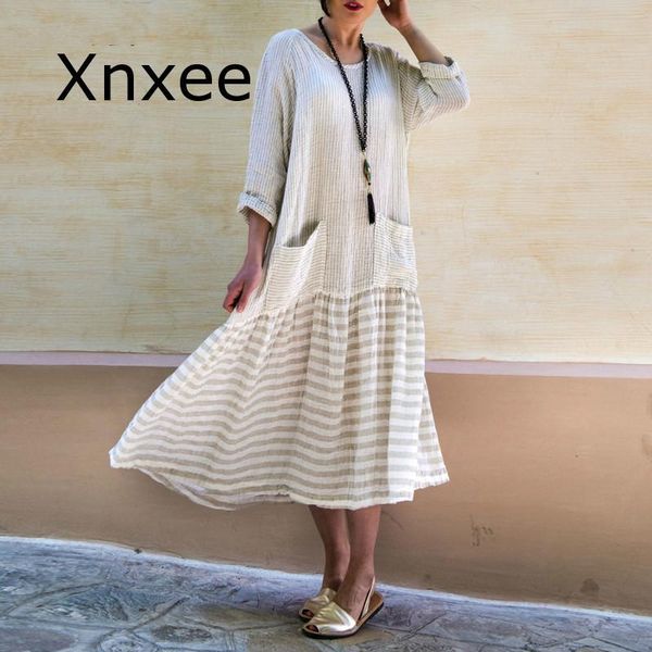 

casual dresses dress for women 2021 vintage bohemian long sleeve stripe patchwork loose party vestidos 5xl, Black;gray