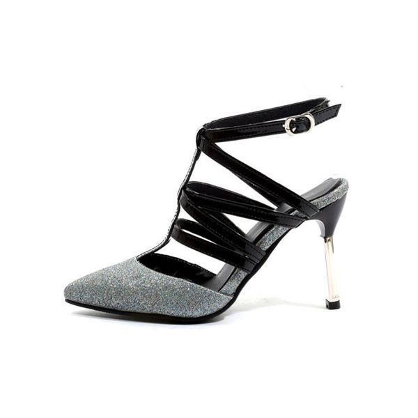 

2021 new thin heel, pointed toe, buckle bandage roman heels, big women's sandals. 6vo1, Black