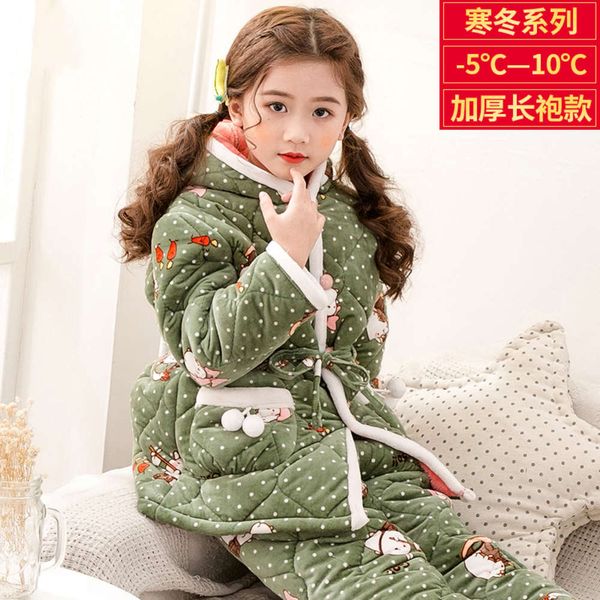 

pajamas, girls' winter thickened three layer cotton children's warm home clothes, baby coral velvet suit, Blue;red
