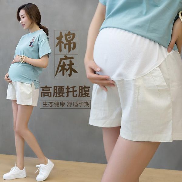 

maternity bottoms spring summer fashion shorts elastic waist cotton linen clothes for pregnant women pregnancy short pants, White