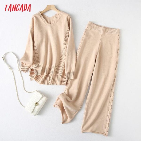 

women's two piece pants tangada 2021 winter women 2 sets oversized twist sweater suit pieces knit suits yu175, White