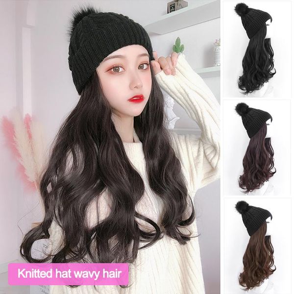 

synthetic wigs dianqi hair women knitted beanies hat with long wavy for girls easy wear, Black