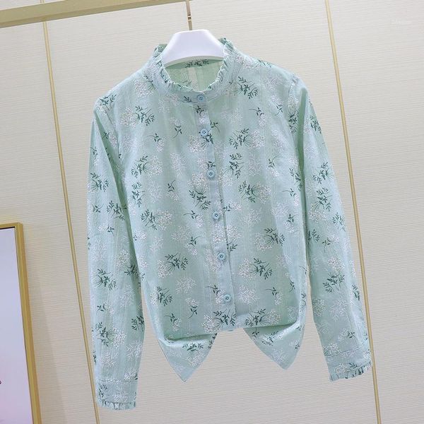 

women's blouses & shirts printed cotton women white summer 2021 ruffles neck long-sleeved casual all match female outwear