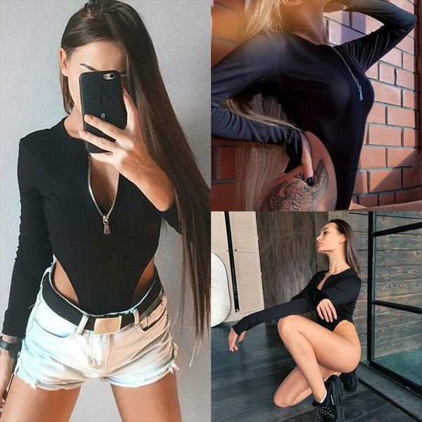 

long sleeve crepe chest women rompers zipper bodysuit leotard summer, Black;white
