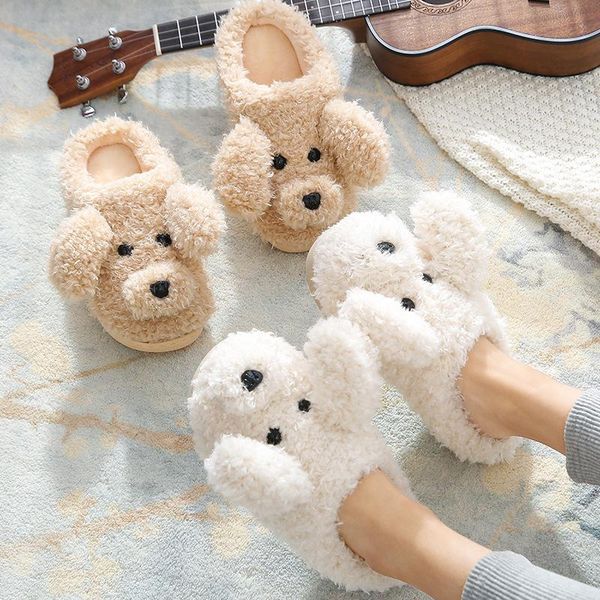 

slippers couples home warm cute woman man slipper winter shoes 2021 fashion casual dog cartoon fur soft plush slides, Black